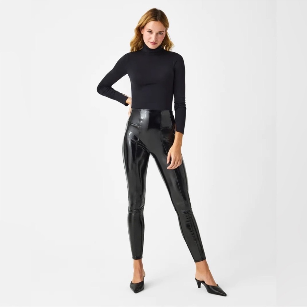 SPANX Black Faux Leather Leggings medium size patent